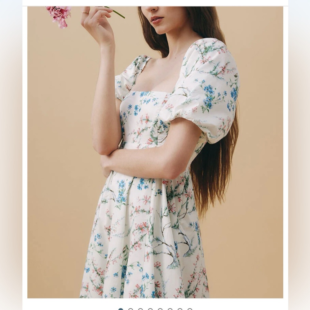 Hill House Floral Puff Sleeve Dress - White and Blue